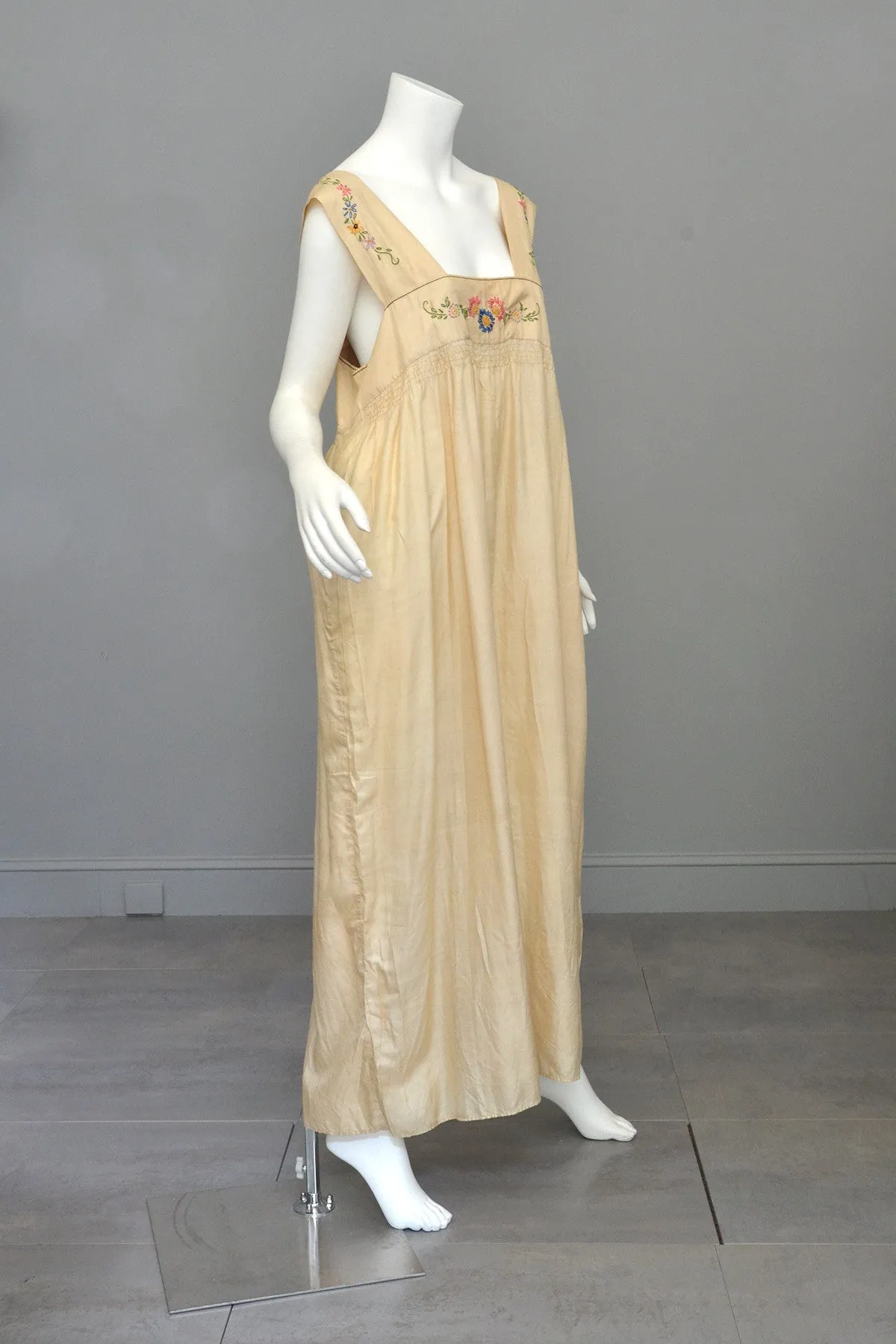 1920s Embroidered Silk Babydoll Maxi Dress Nightgown