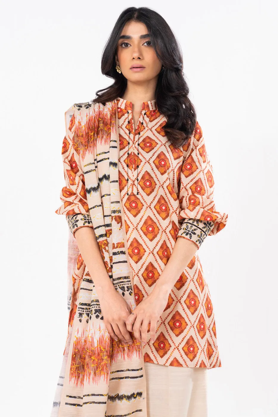 2 Pc Printed Khaddar Shirt With Khaddar Dupatta