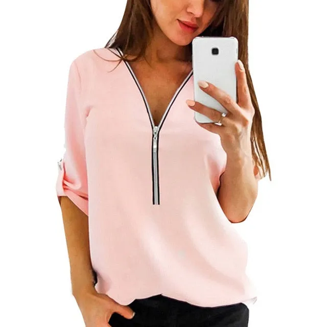 2021 Women's Sexy V Neck Zipper Top Casual T-Shirt Sizes S - 5XL