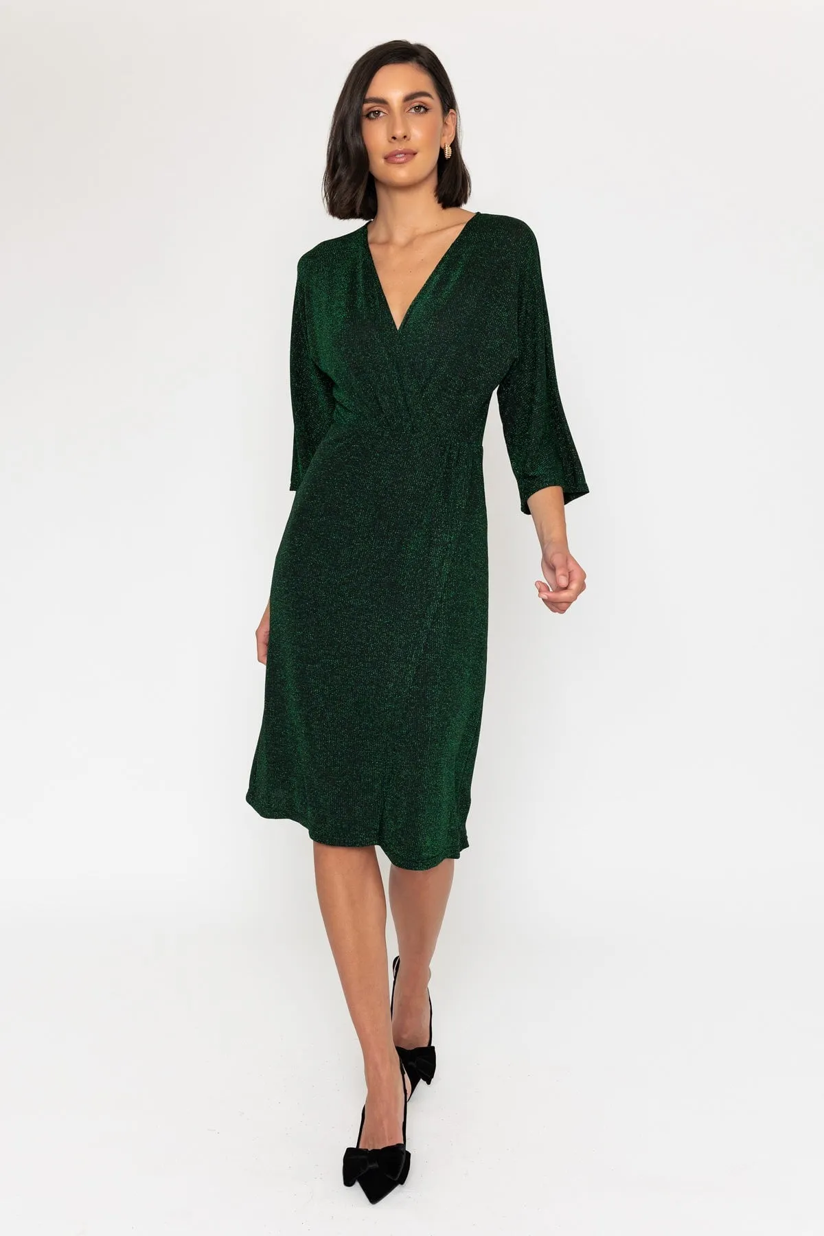 3/4 Sleeve Lurex Wrap Knee Length Dress in Green