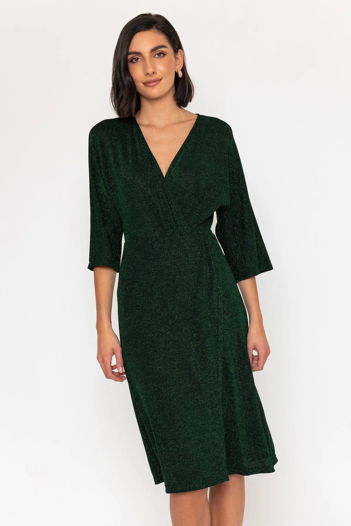 3/4 Sleeve Lurex Wrap Knee Length Dress in Green