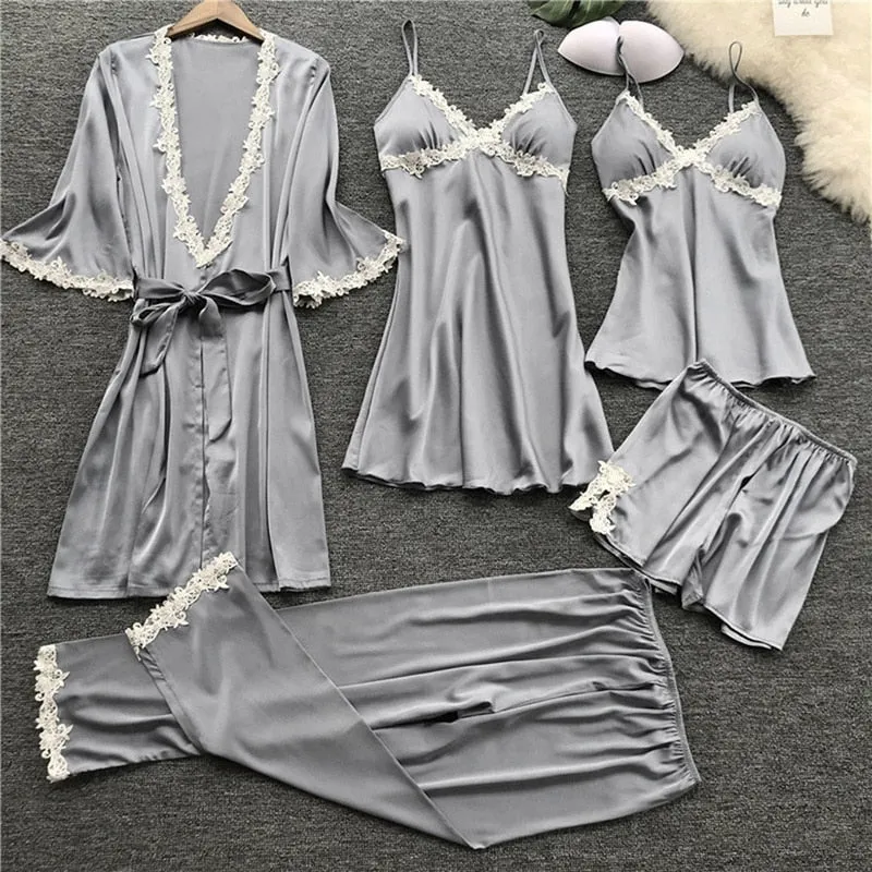 4 Pieces 2021 Women Pajamas Sets Satin Sleepwear Silk Nightwear Pyjama Soild Strap Lace Sleep Lounge Pijama With Chest Pads