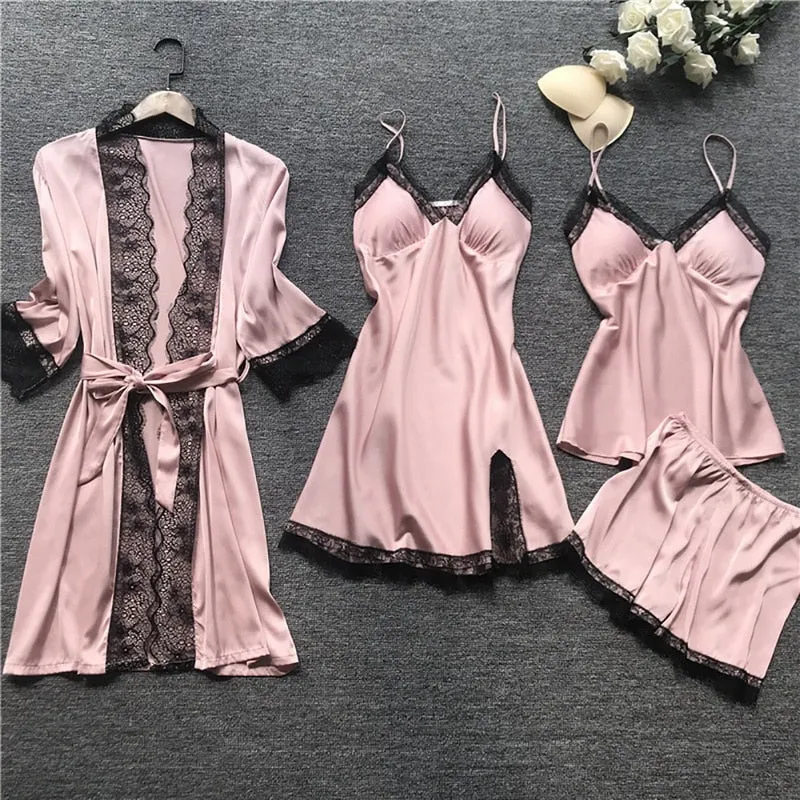 4 Pieces 2021 Women Pajamas Sets Satin Sleepwear Silk Nightwear Pyjama Soild Strap Lace Sleep Lounge Pijama With Chest Pads