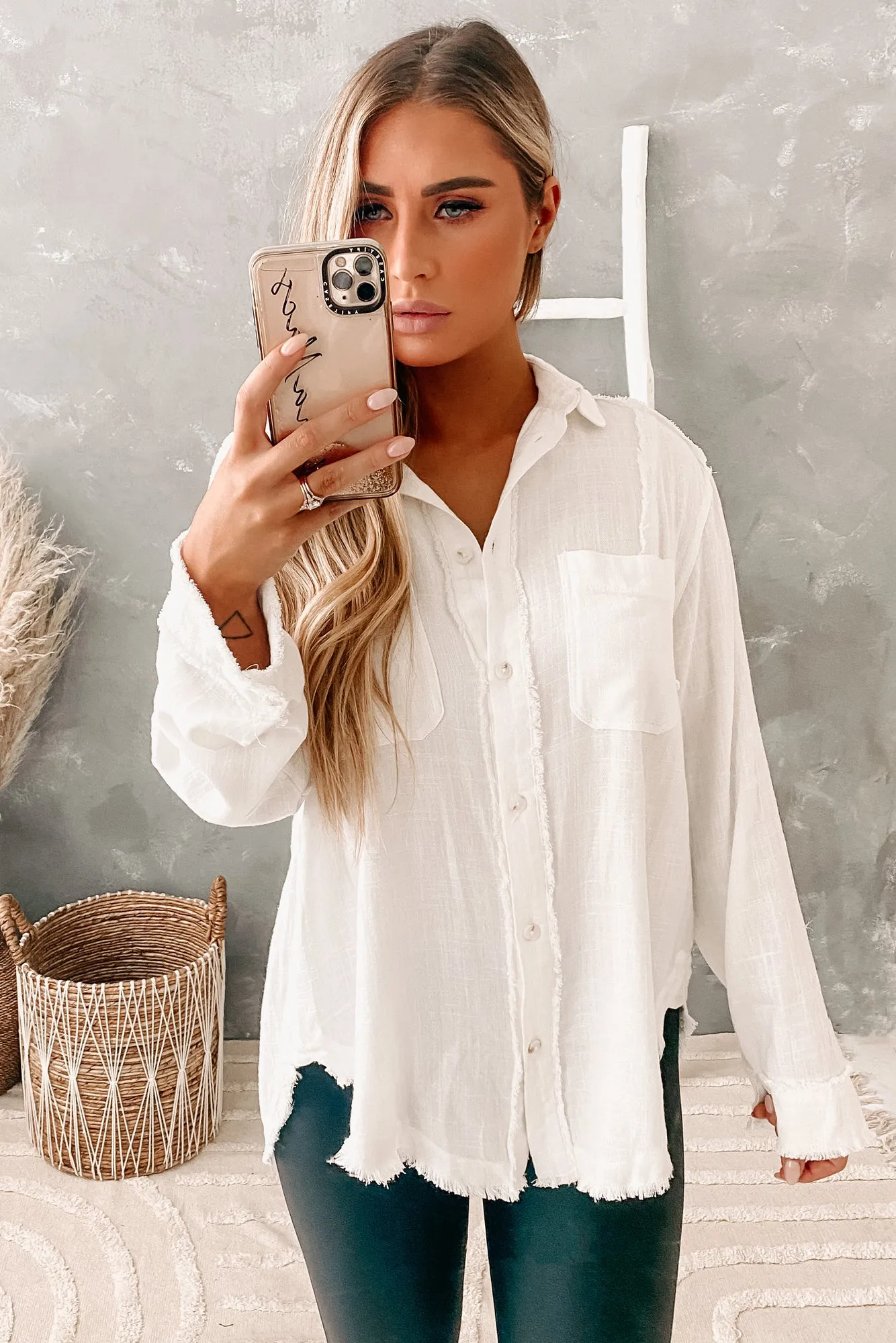 Add An Edge Raw Hem Button Down Tunic Top (Ivory)