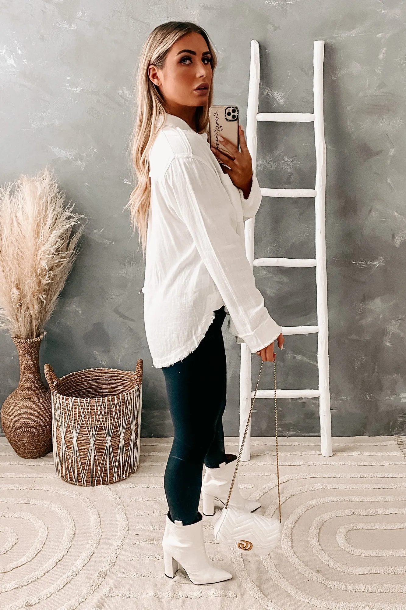 Add An Edge Raw Hem Button Down Tunic Top (Ivory)