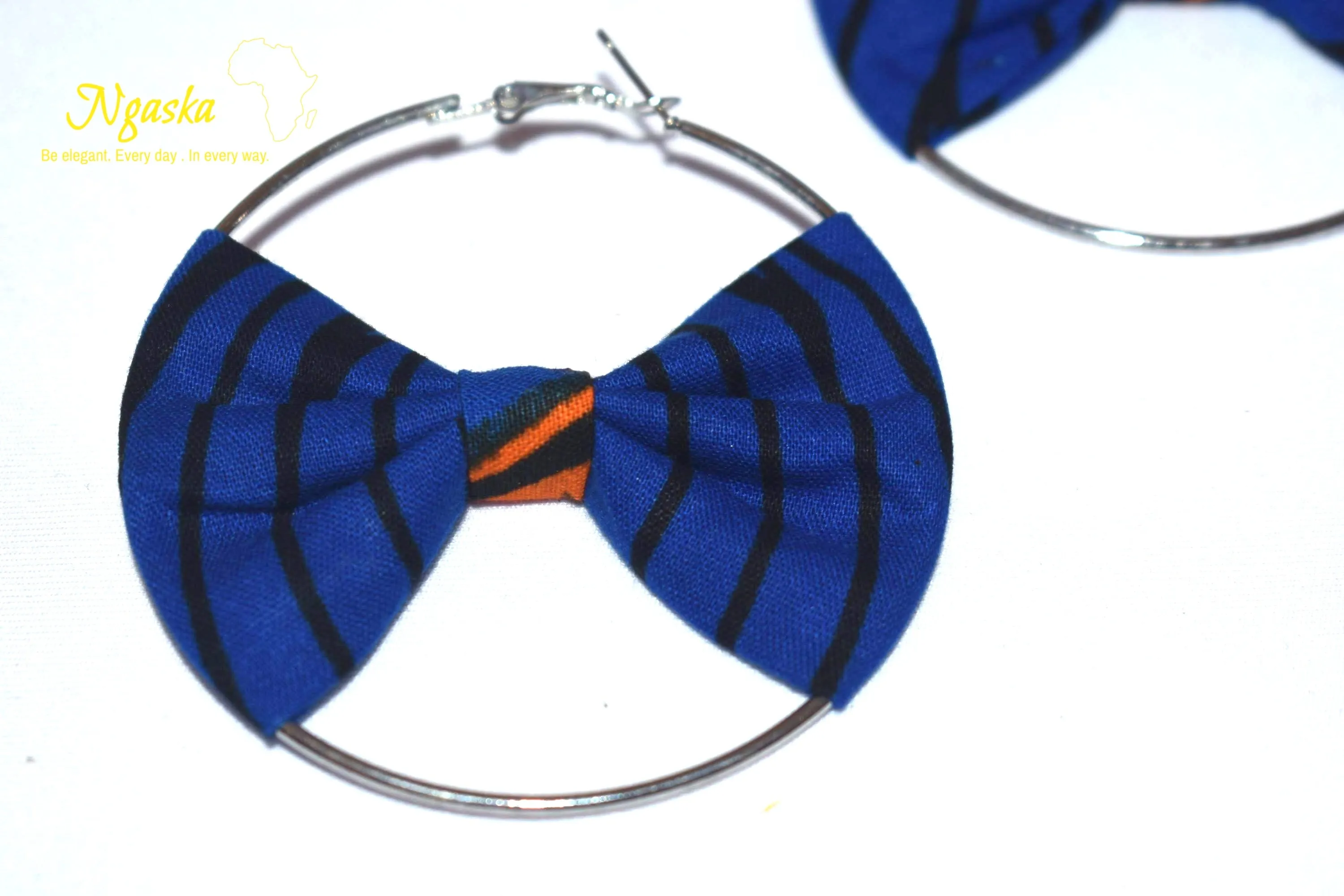 African Print Creole Hoop Earrings, Royal Blue- ER24