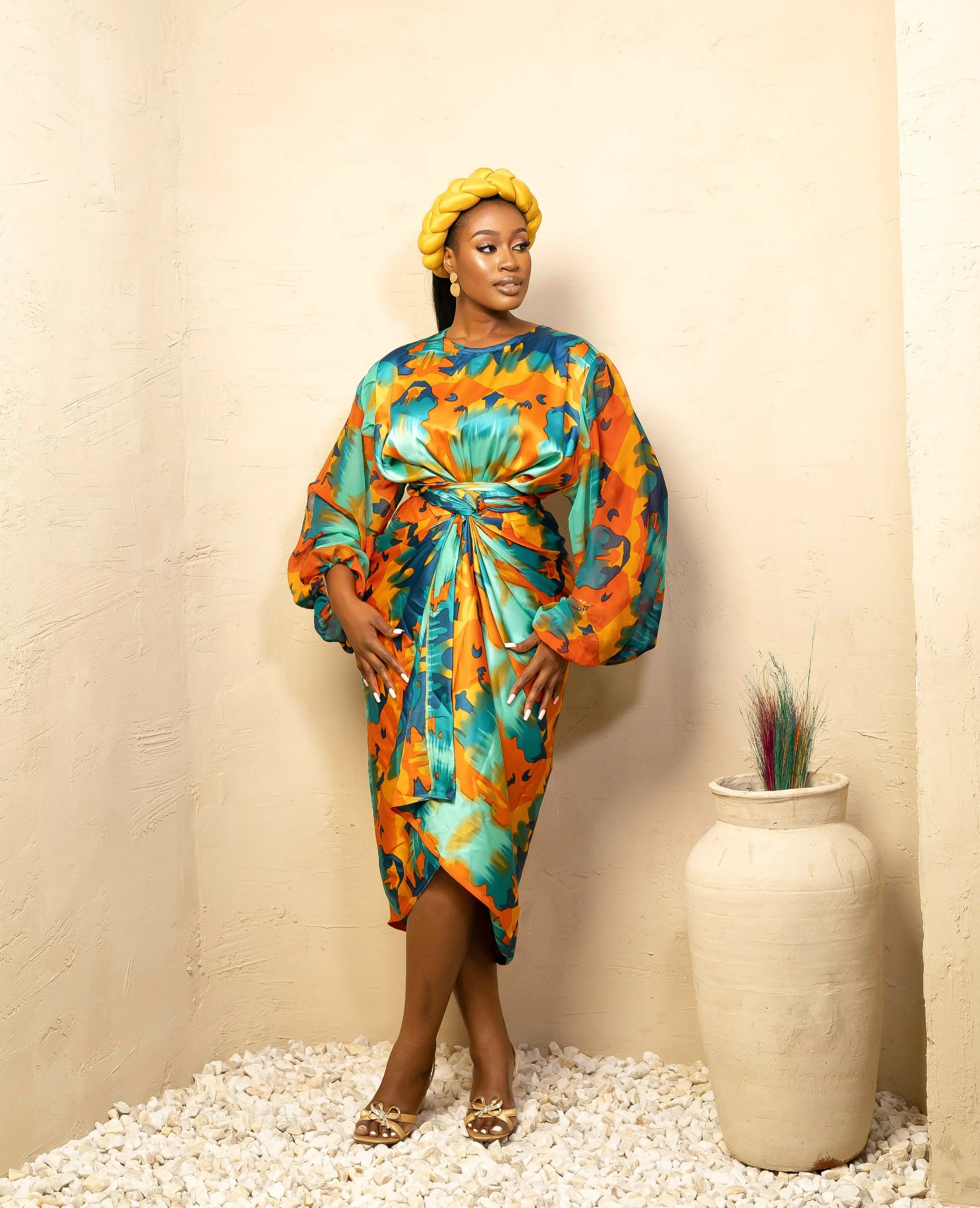 African Print Silk Long Sleeve Wrap Dress - Oleku