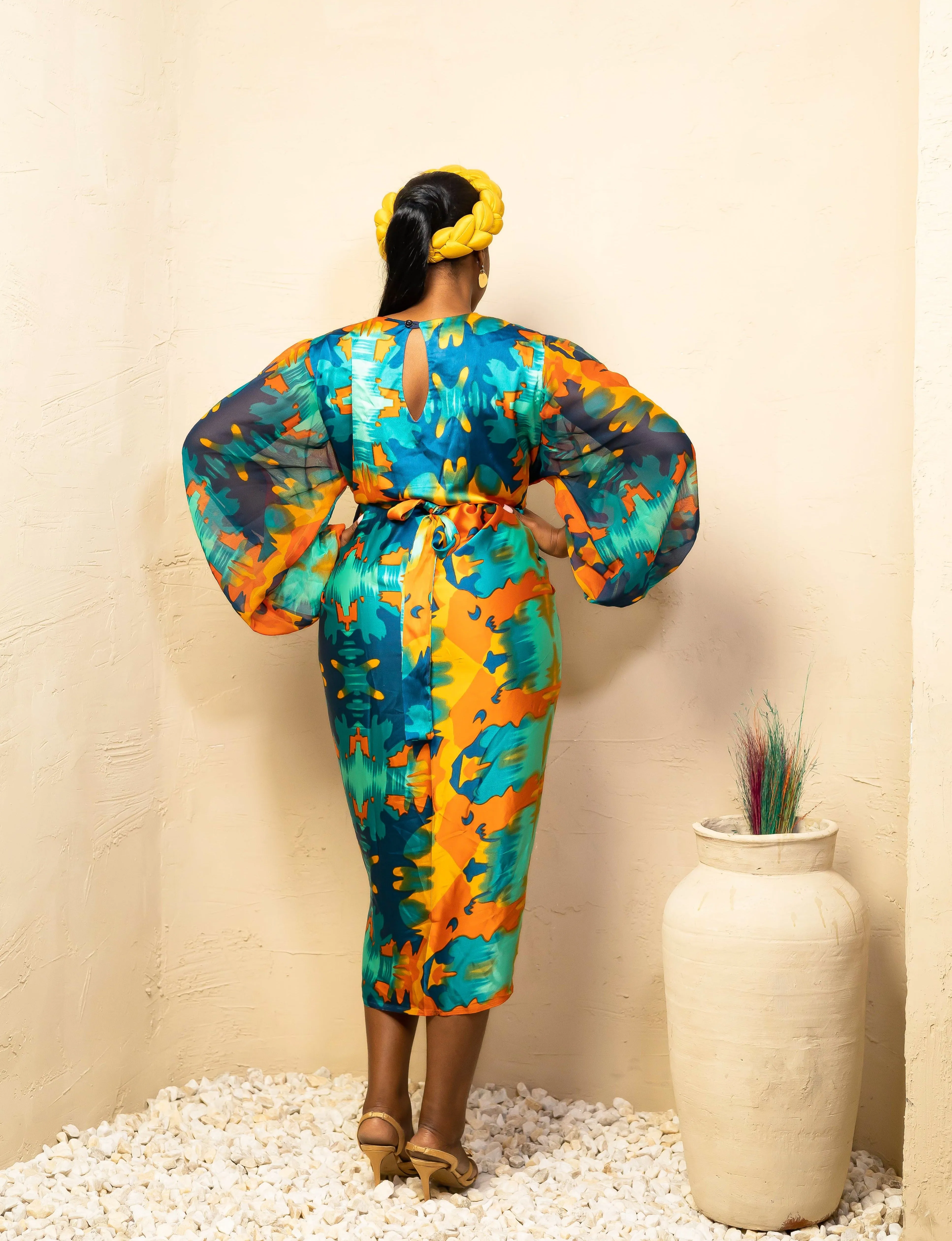 African Print Silk Long Sleeve Wrap Dress - Oleku