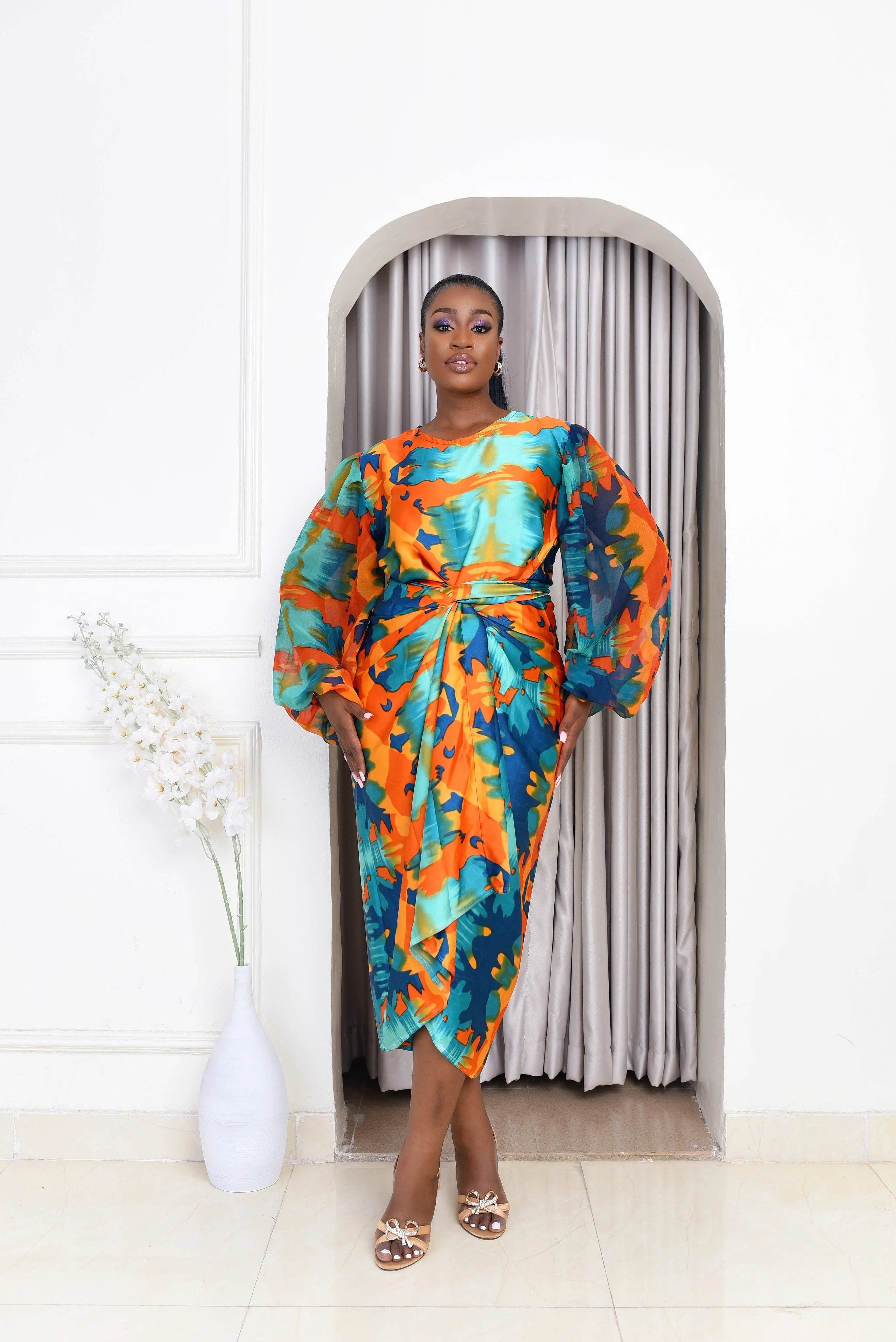 African Print Silk Long Sleeve Wrap Dress - Oleku