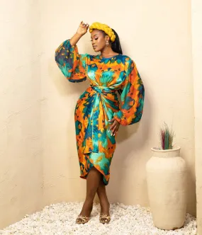 African Print Silk Long Sleeve Wrap Dress - Oleku