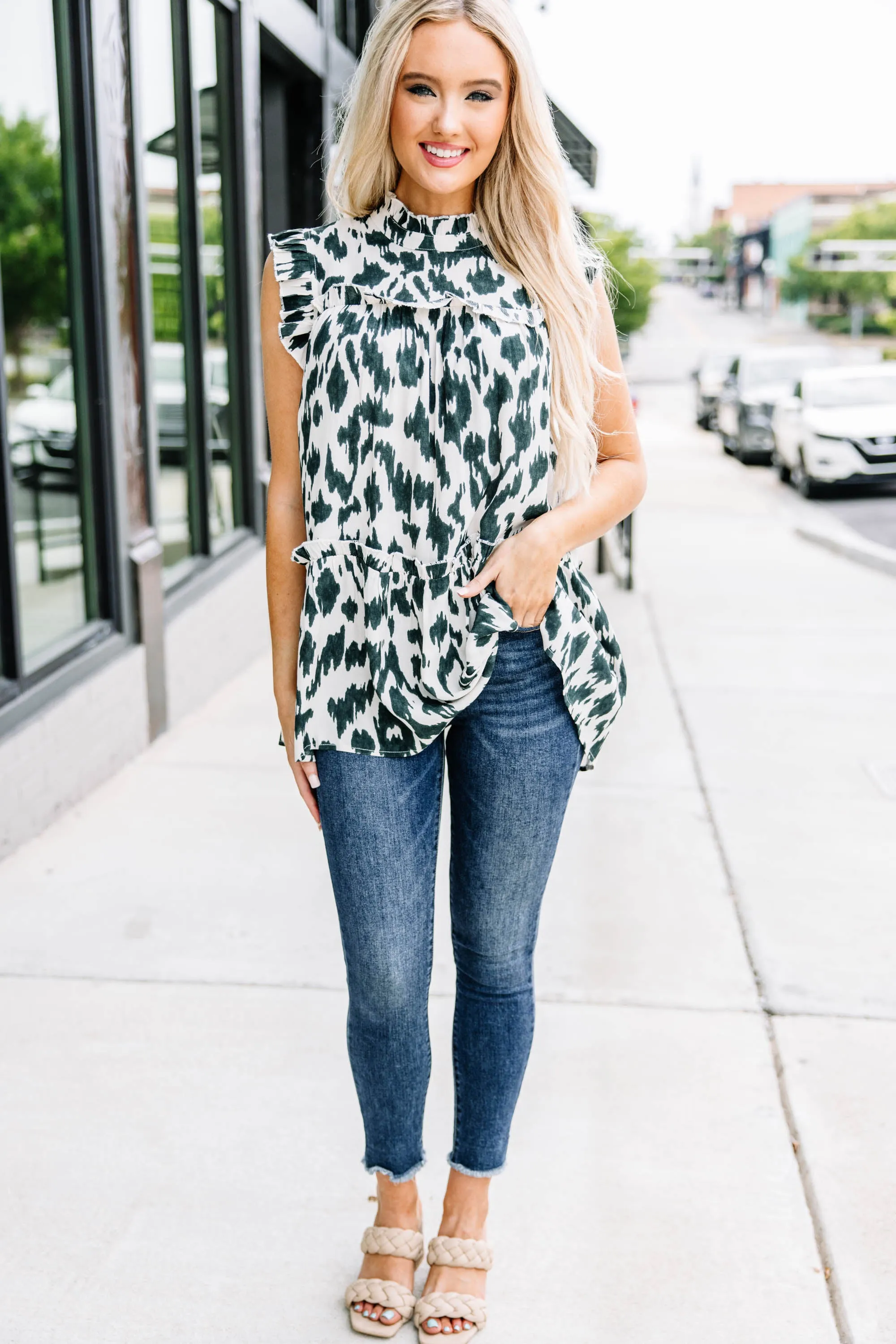 All For You Dark Olive Green Abstract Blouse