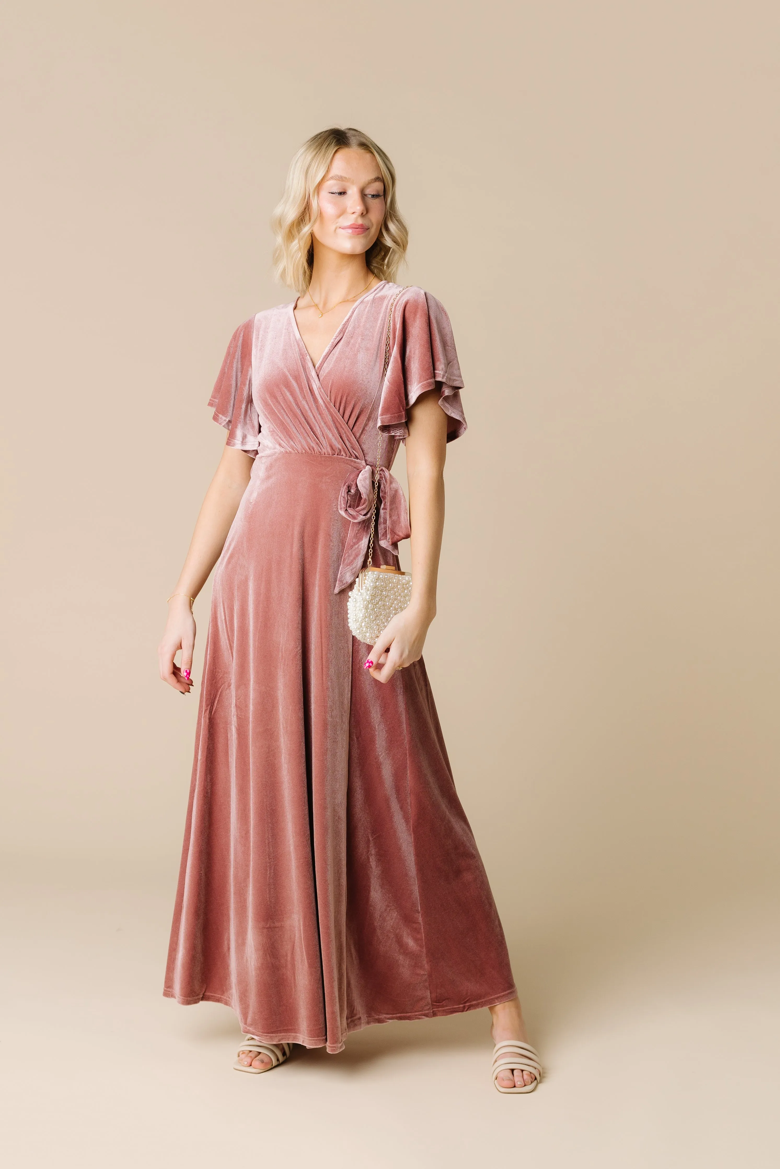 Arbor Velvet Wrap Dress- Dusty Pink