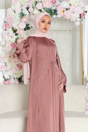 Aurora Beaded Tie Abaya Set- Nude Pink