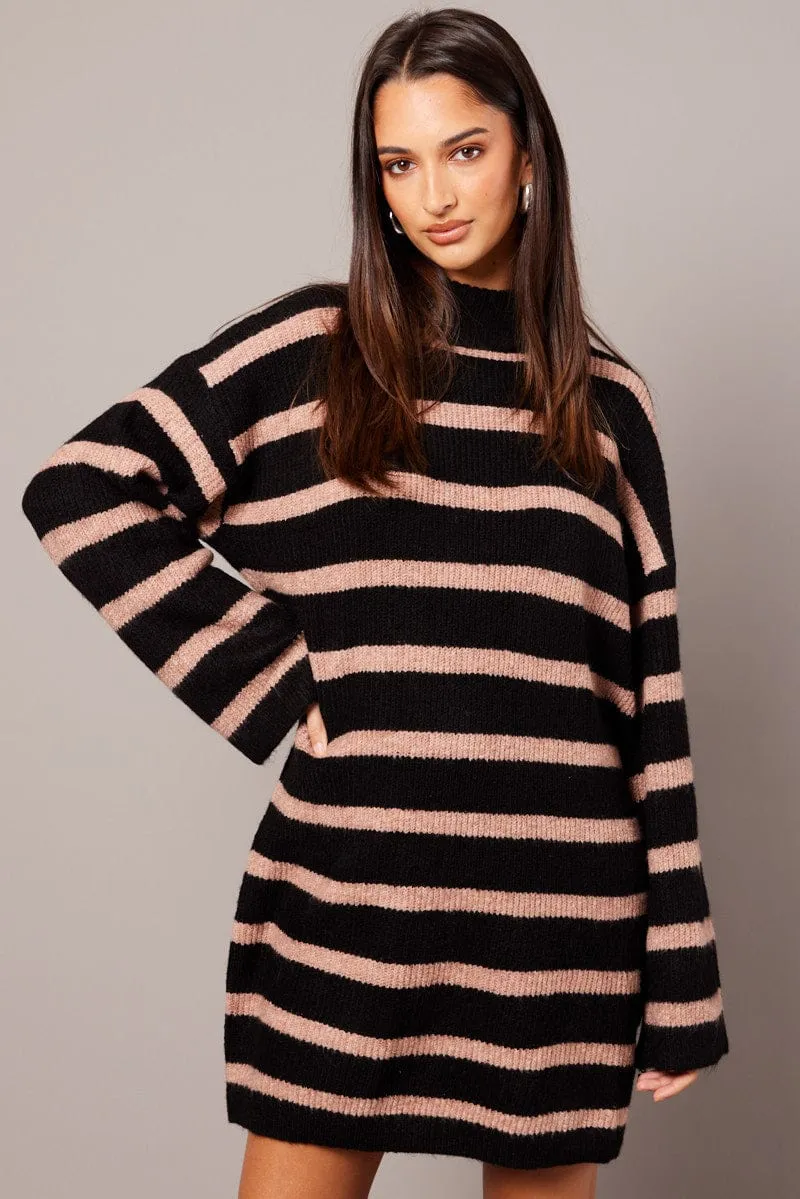 Beige Stripe Knit Jumper Dress Mini