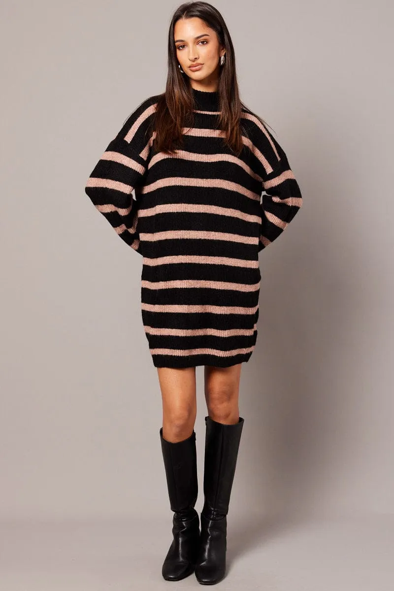 Beige Stripe Knit Jumper Dress Mini