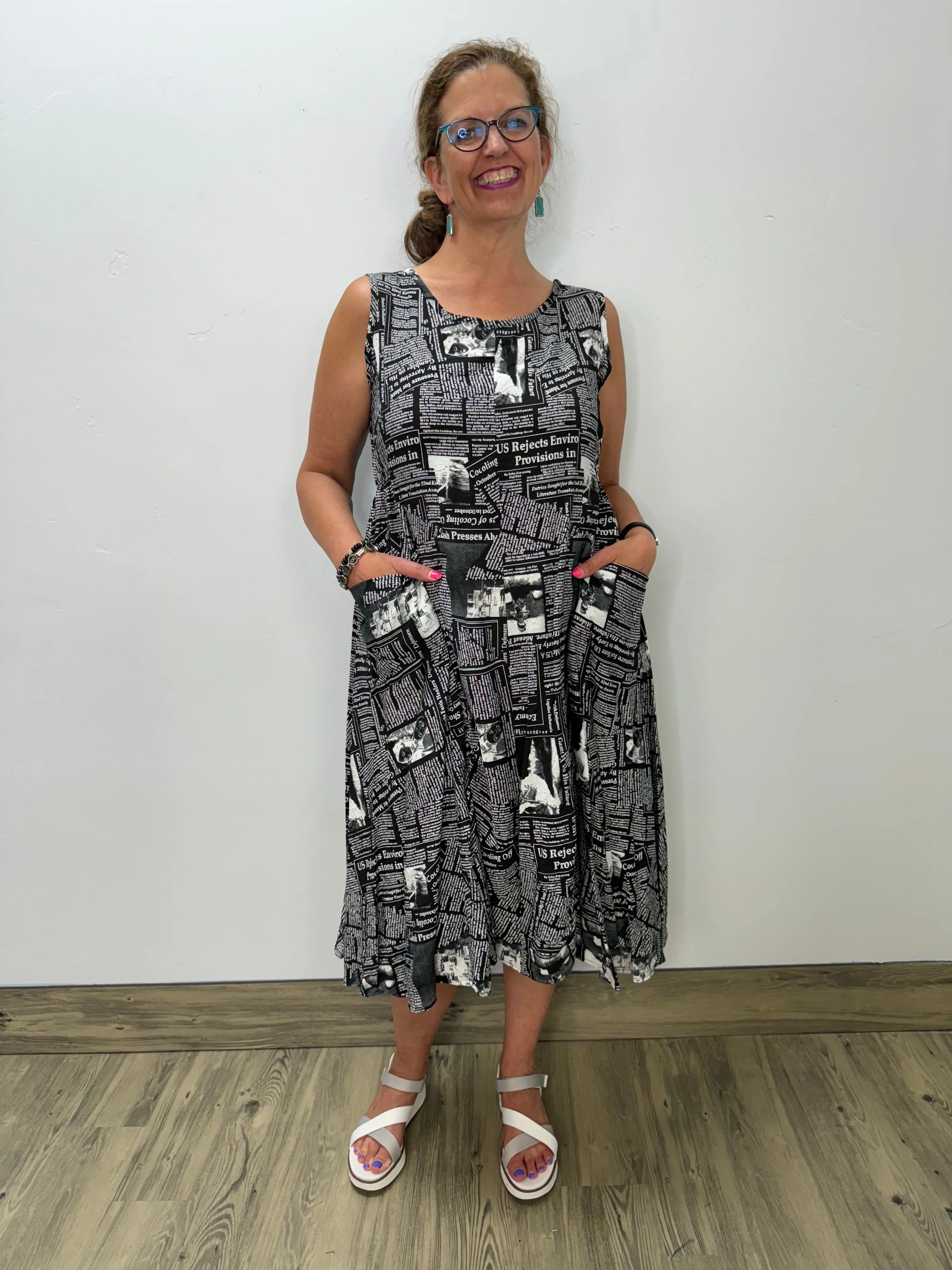 Black and White Newspaper Sleeveless Dress