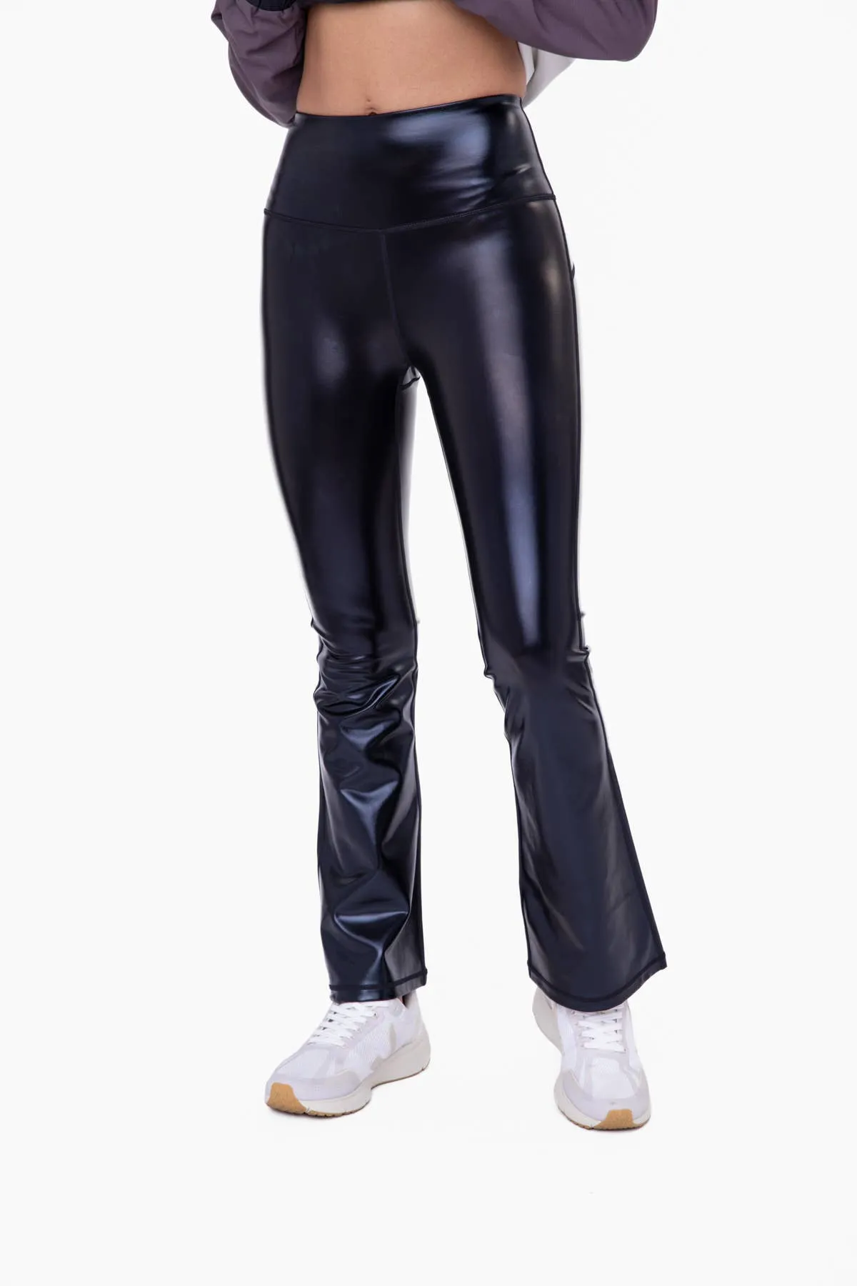 BLACK FAUX PATENT LEATHER FLARE HIGH WAISTED LEGGINGS