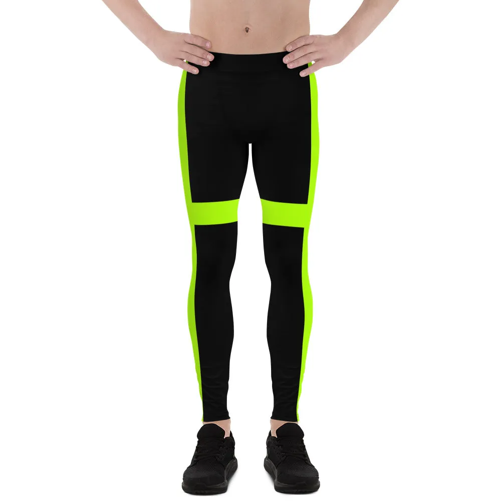 Black Green Neon Men's Leggings, Modern Minimalist Striped Meggings-Made in USA/EU/MX