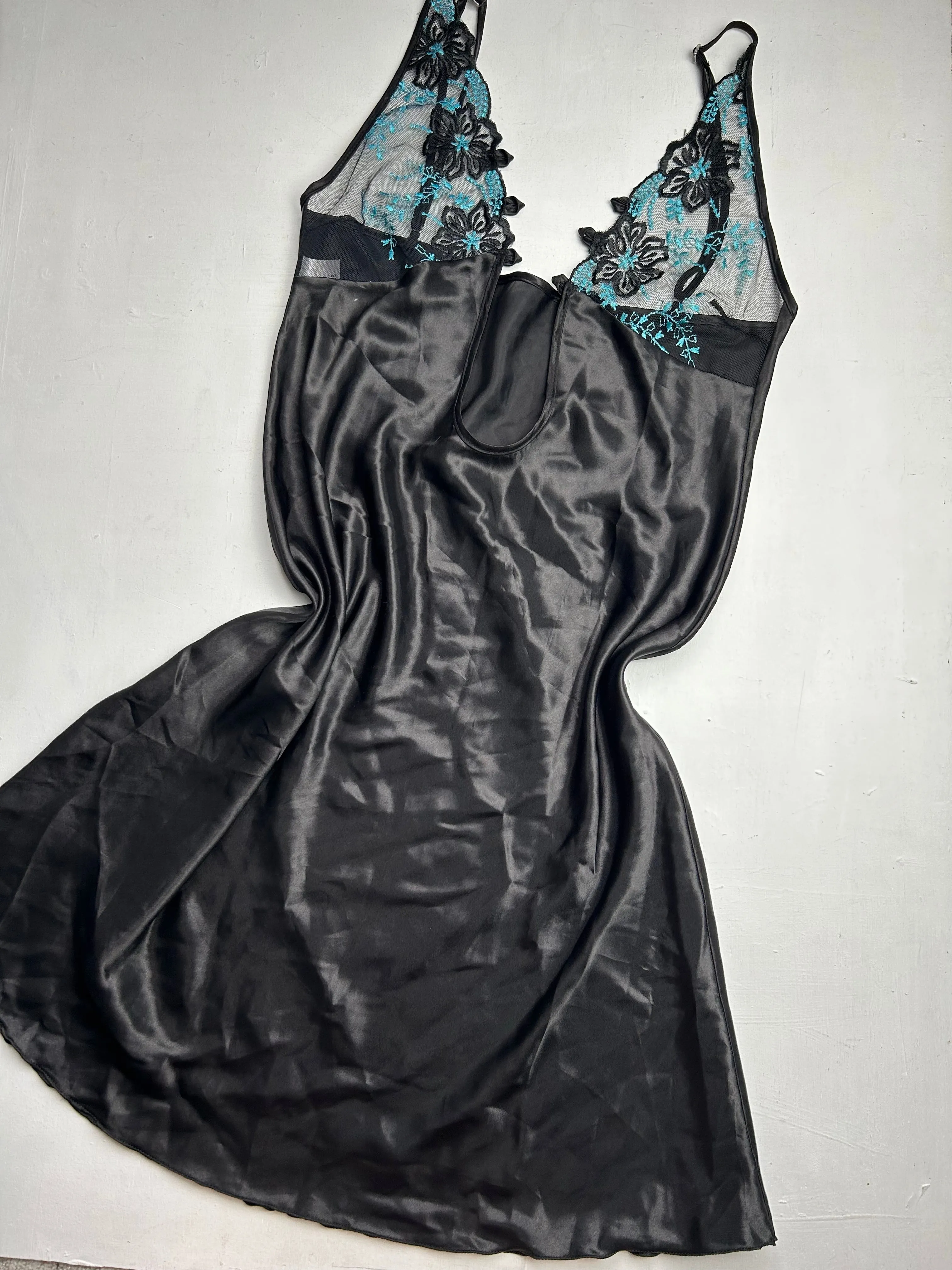 Black silk embroidered floral print babydoll dress (M/L)