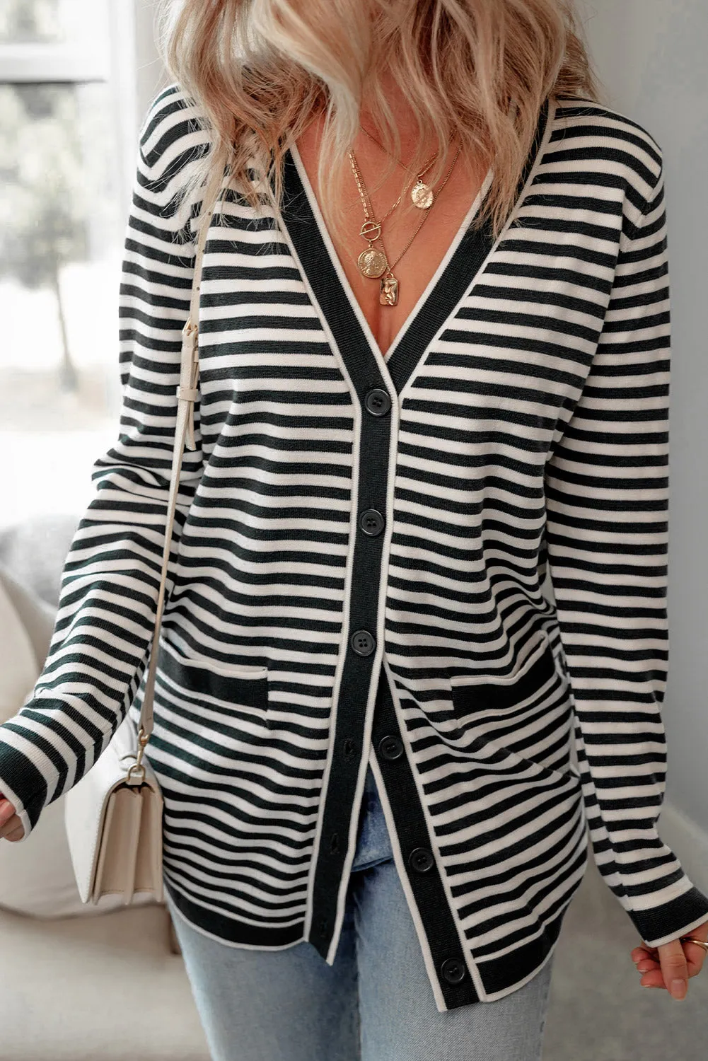 Black Stripe Long Sleeve Button up Tunic Cardigan