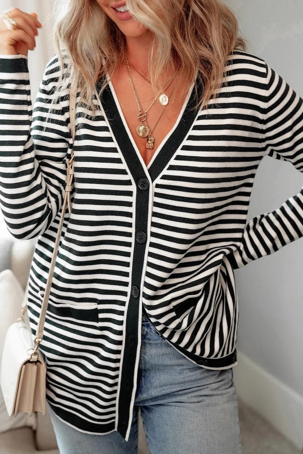 Black Stripe Long Sleeve Button up Tunic Cardigan