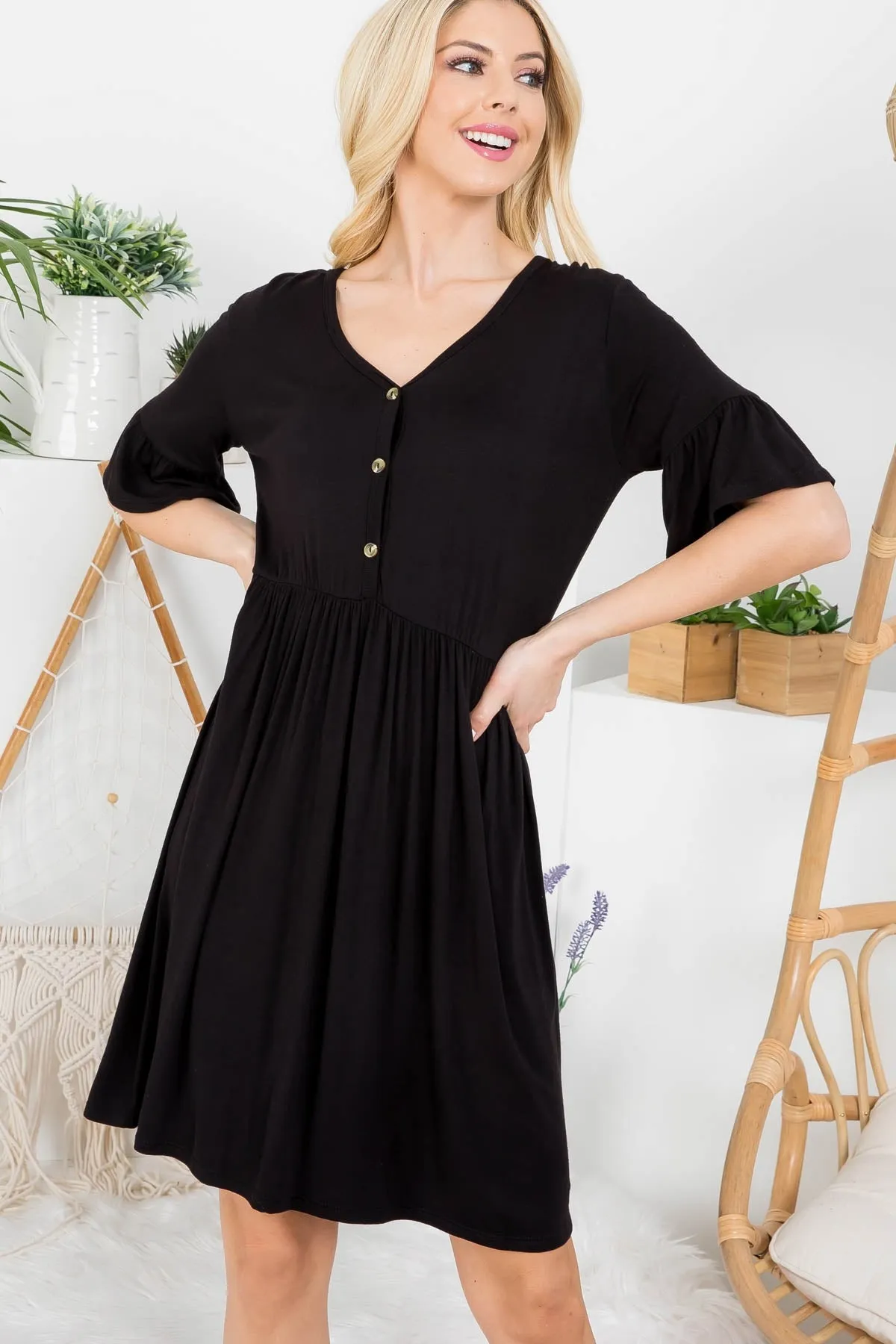 BLACK V-NECK BUTTON DOWN BELL SLEEVE DRESS