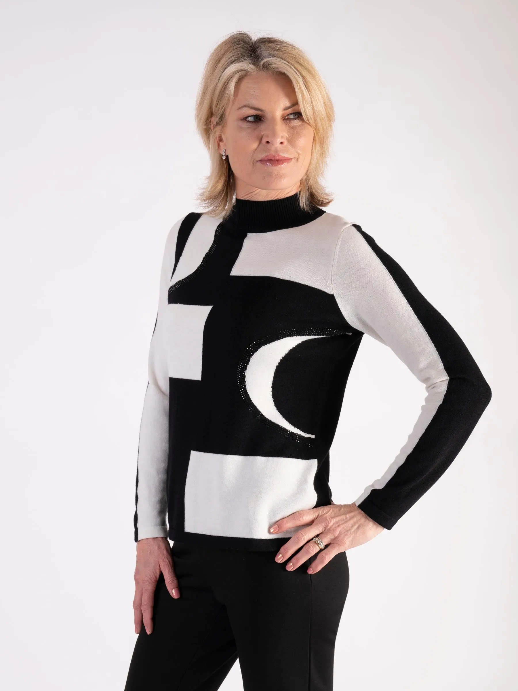 Black/White Abstract Shapes Jumper With Diamanté Detail