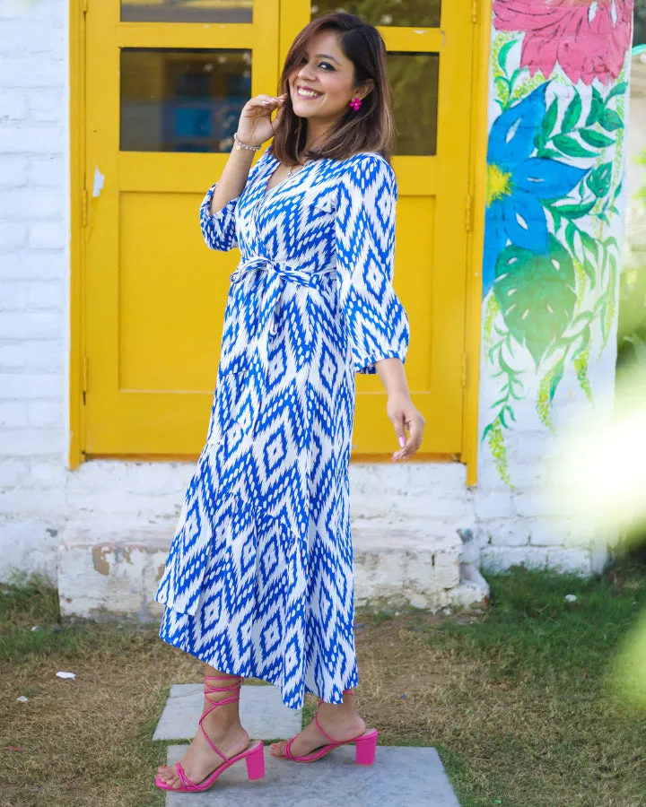 Blue & White Printed Wrap Dress