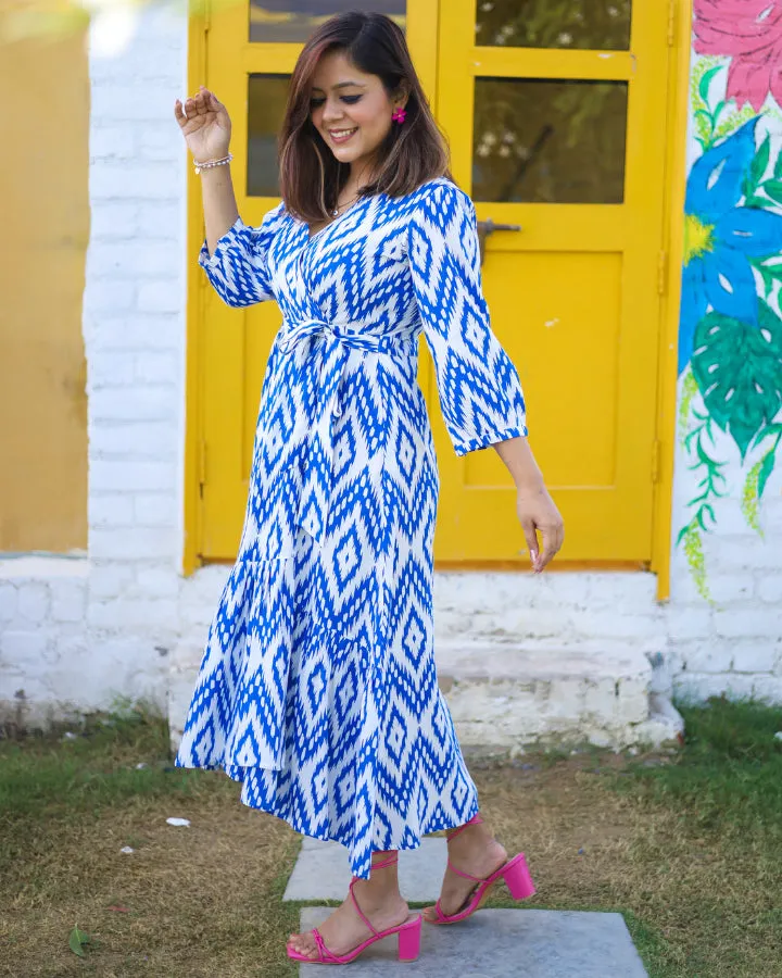 Blue & White Printed Wrap Dress