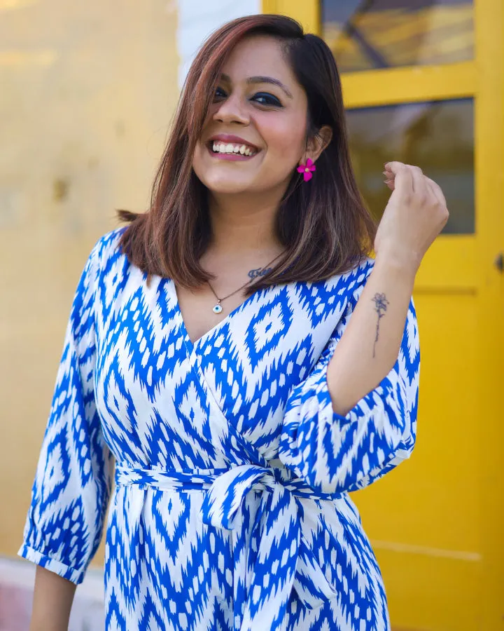 Blue & White Printed Wrap Dress