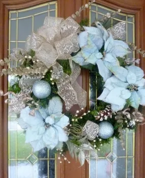 Blue Poinsettia Christmas Wreath, Holiday decorations