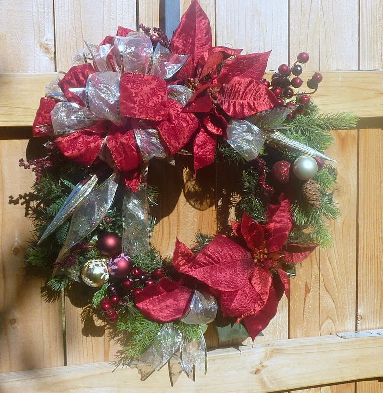 Burgundy and Champagne Christmas wreath, Poinsettia wreath