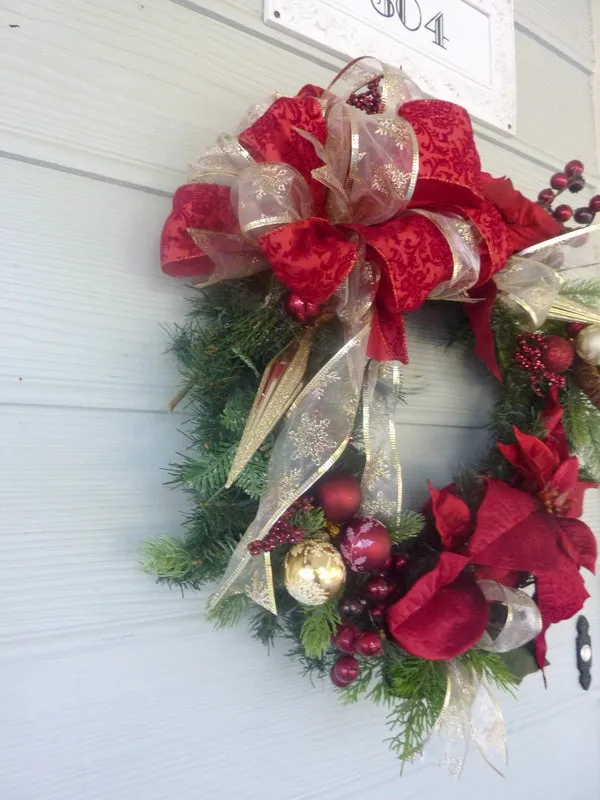 Burgundy and Champagne Christmas wreath, Poinsettia wreath