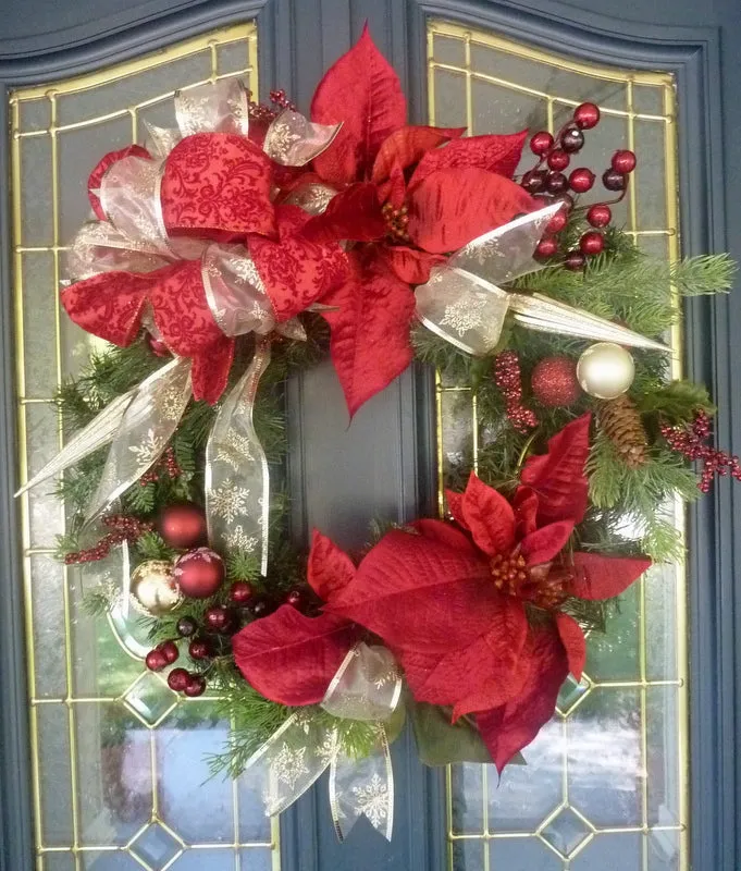 Burgundy and Champagne Christmas wreath, Poinsettia wreath