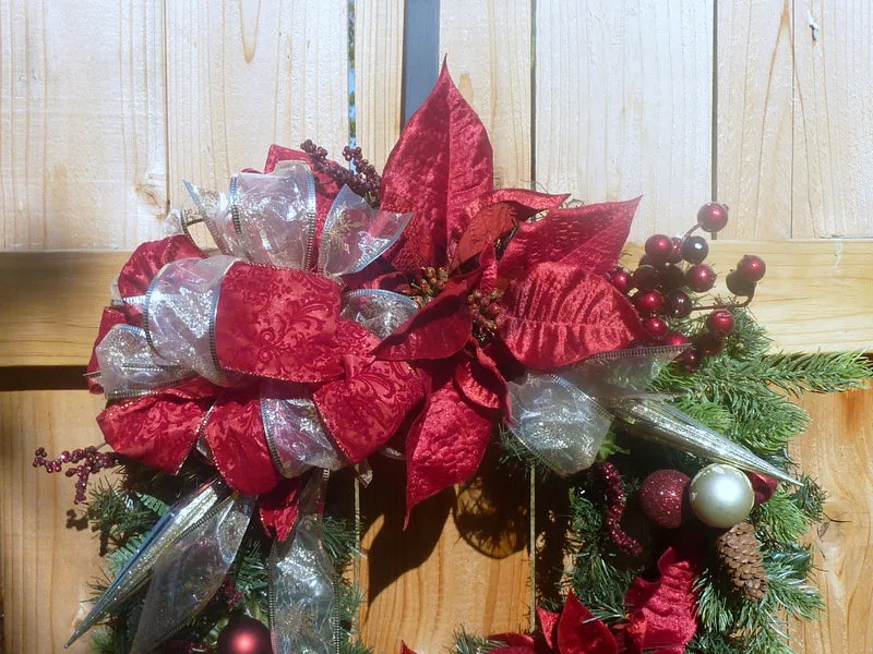 Burgundy and Champagne Christmas wreath, Poinsettia wreath