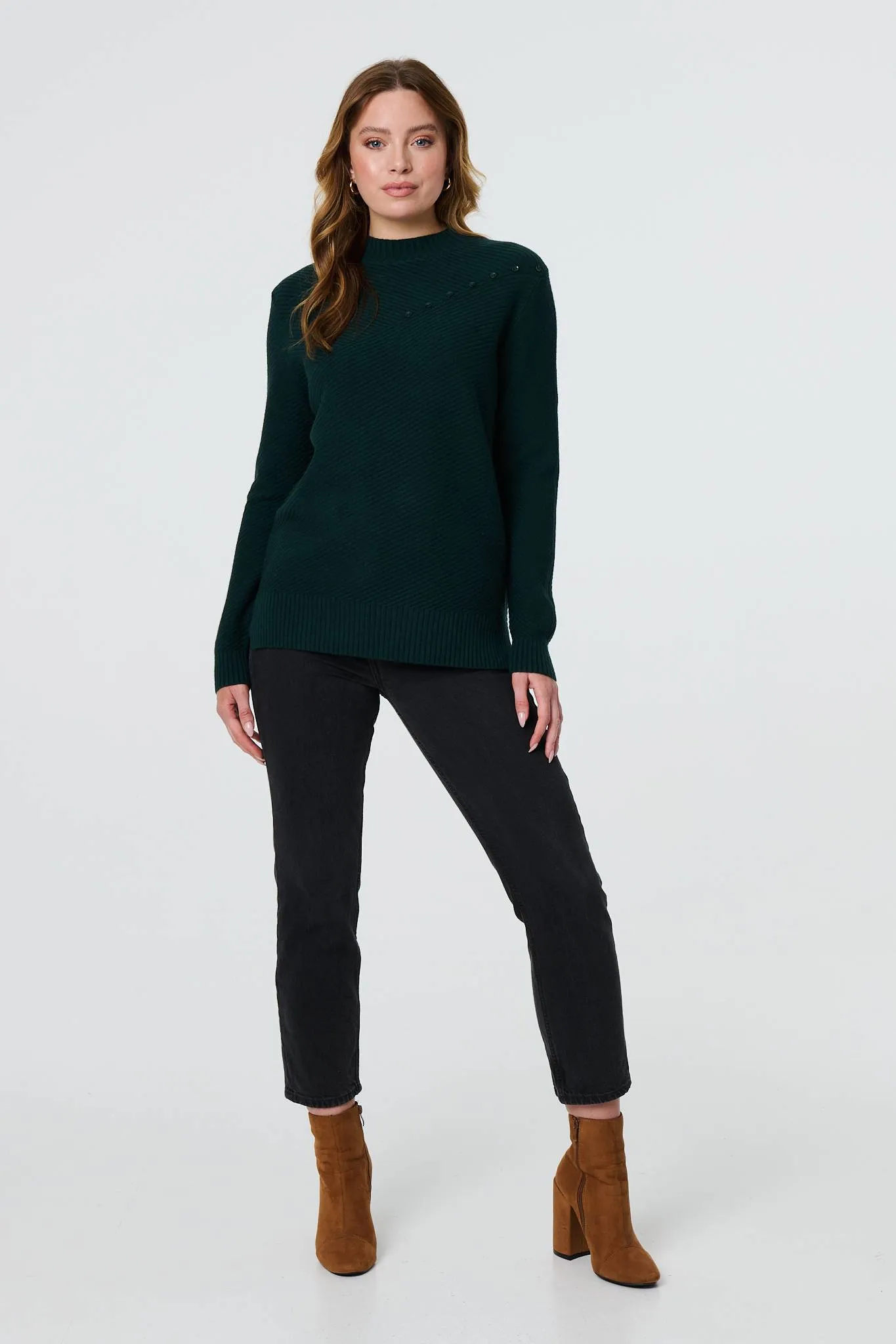 Button Detail High Neck Knit Jumper