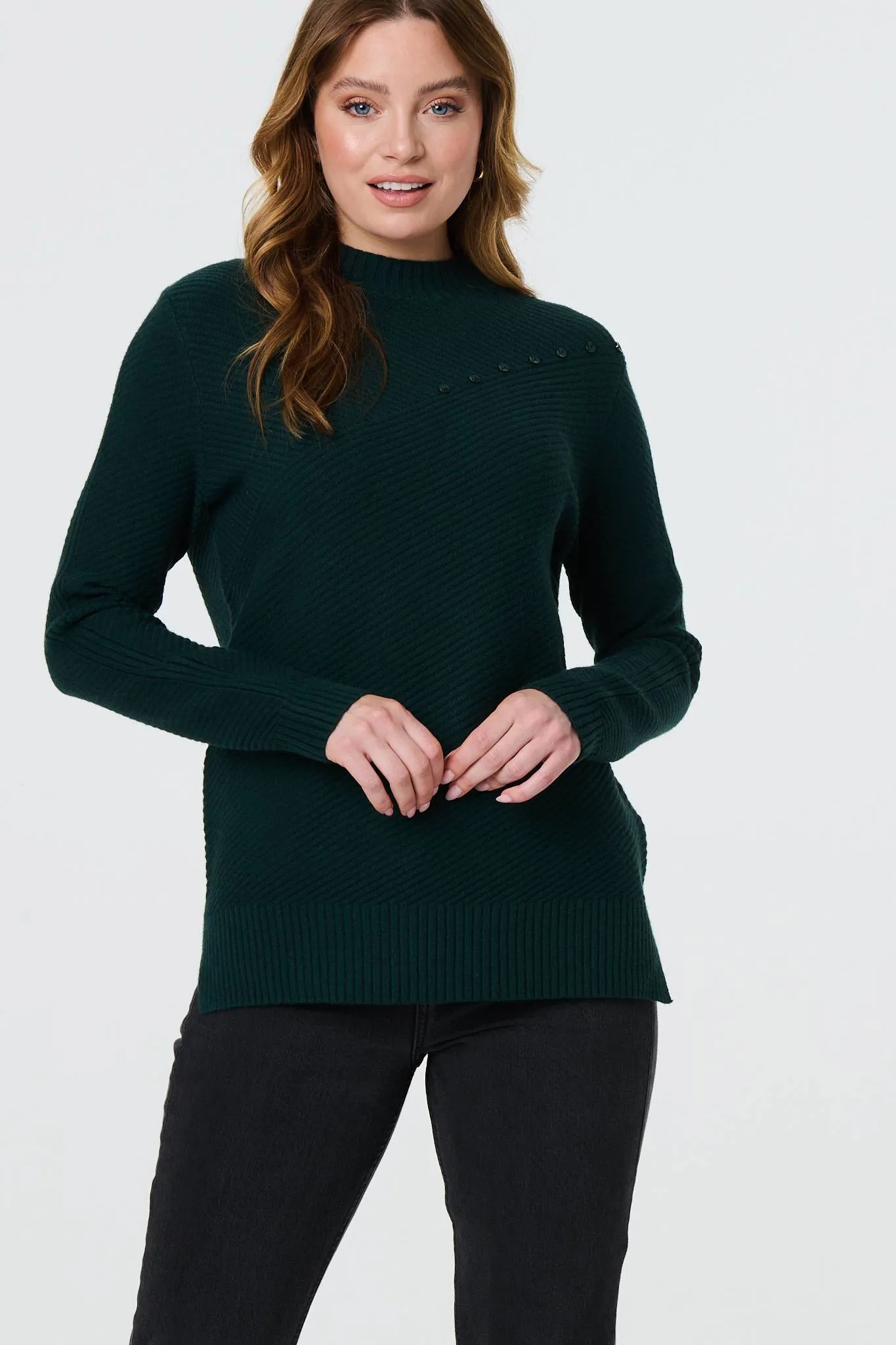 Button Detail High Neck Knit Jumper