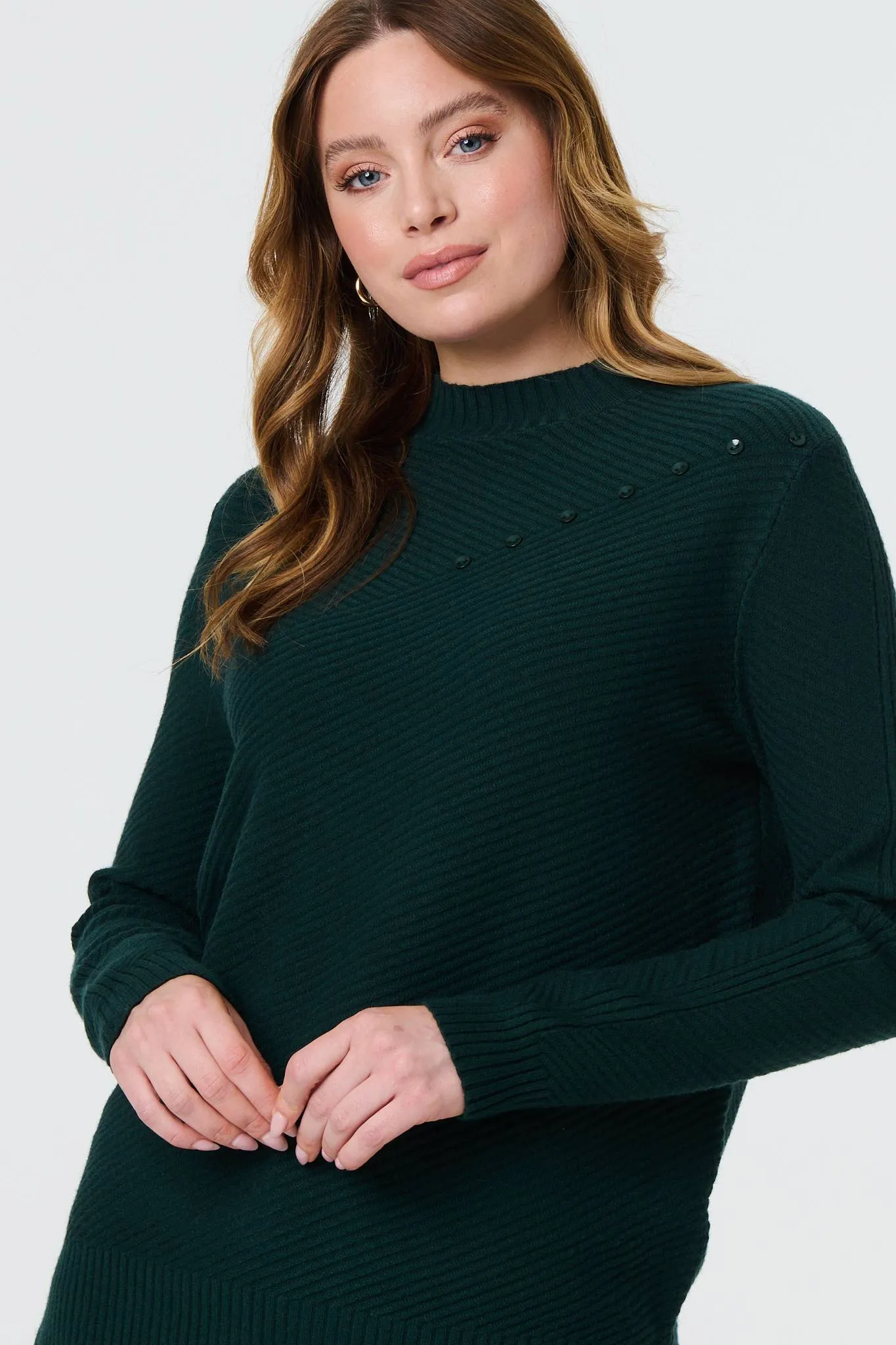 Button Detail High Neck Knit Jumper