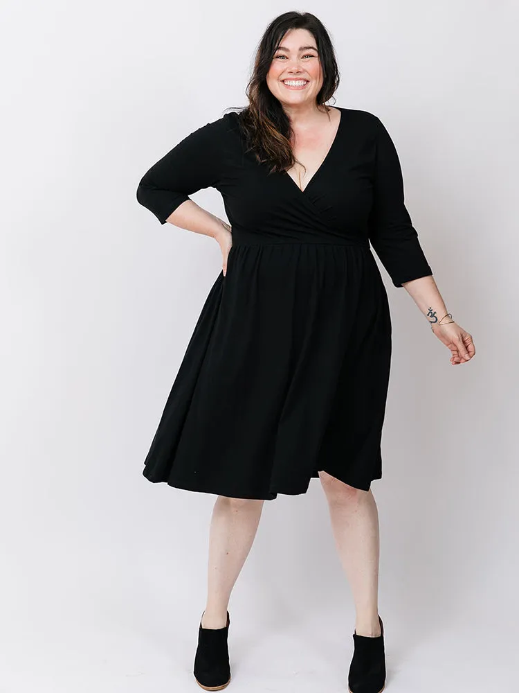 Callie 3/4 Sleeve Plus Size Wrap Dress - Black