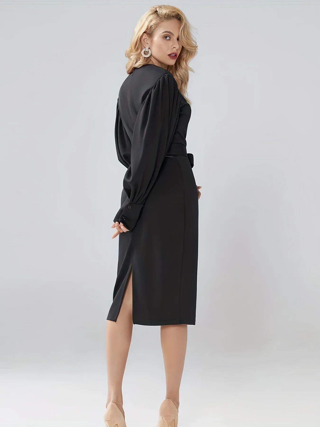 Chic Womens Solid Split Lantern Dress - Flattering Long Sleeves & Crew Neck - Perfect for Any Occasion - Premium Quality Everyday Wear