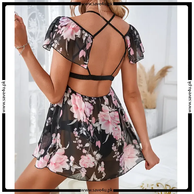 Classic Floral Print Mesh Satin Nighty