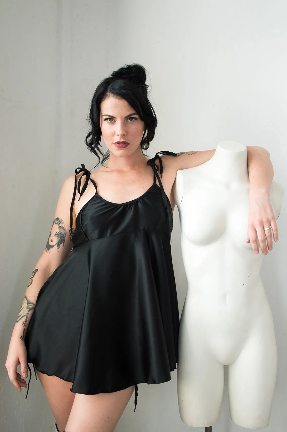 Contrarian Babydoll Slip Dress in Black Silk Charmeuse