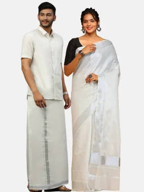 Couple Combo Half Sleeves Shirt Dhoti & Saree Set Tissue Silver KS103