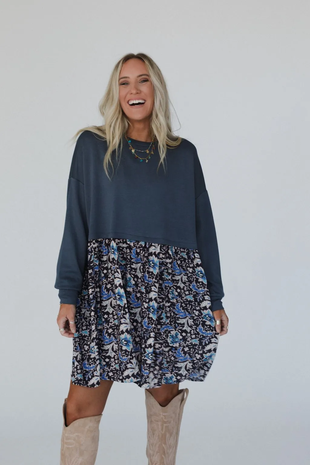 Cozy Blooms Contrast Dress - Navy Multi