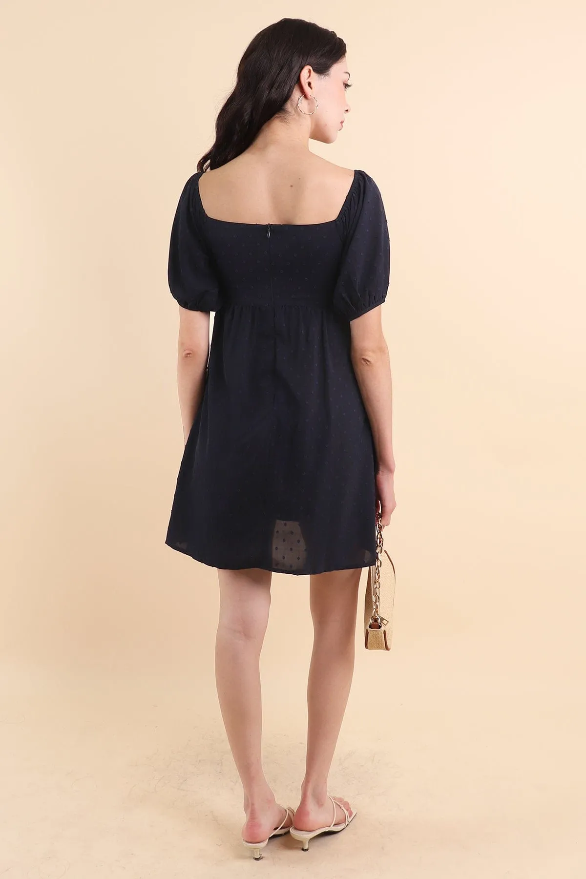 DARIA OFFSIE SWISS DOT DRESS IN NAVY