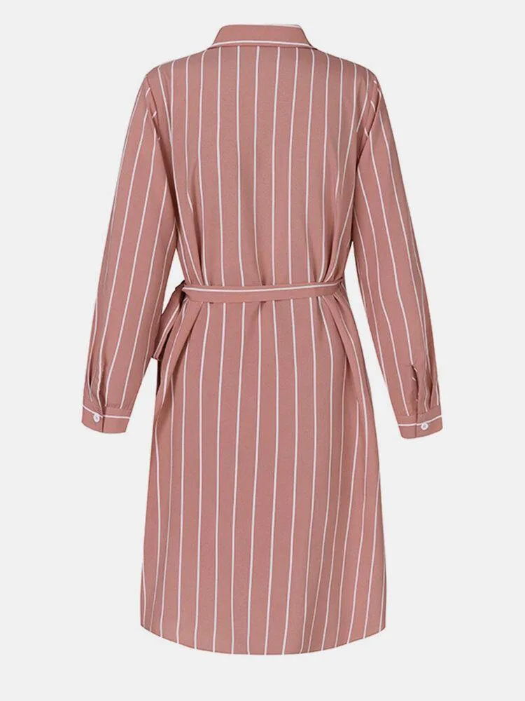 deanwangkt Women Striped Irregular Wrap Tie Side Stylish Long Sleeve Midi Dresses