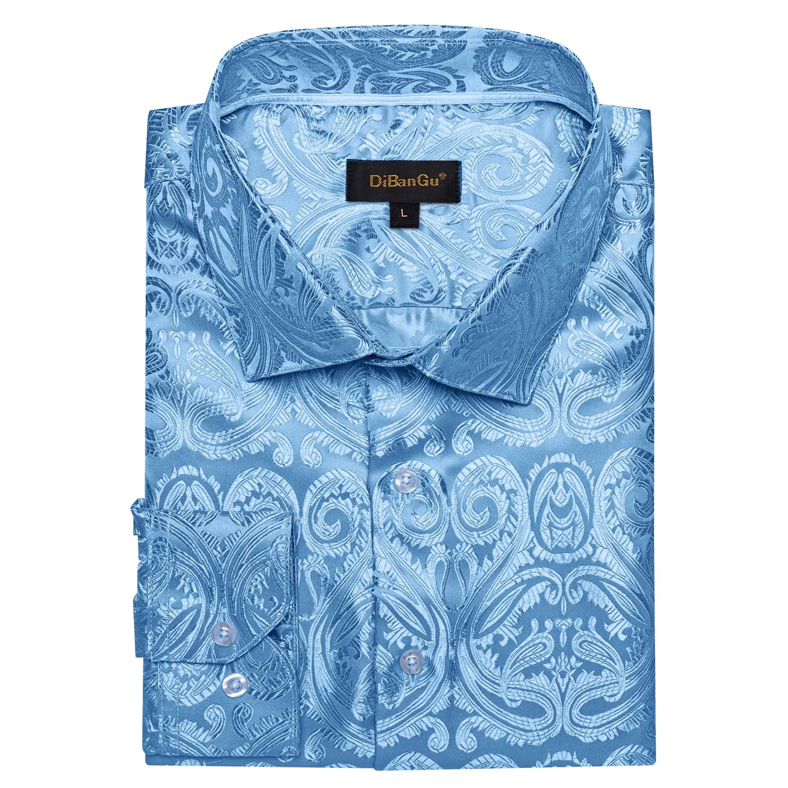 DiBanGu Shirt for Men Celestial Blue Paisley Long Sleeve Silk Button Up Shirt