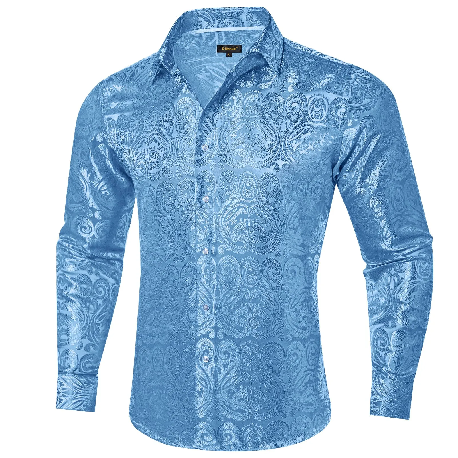 DiBanGu Shirt for Men Celestial Blue Paisley Long Sleeve Silk Button Up Shirt