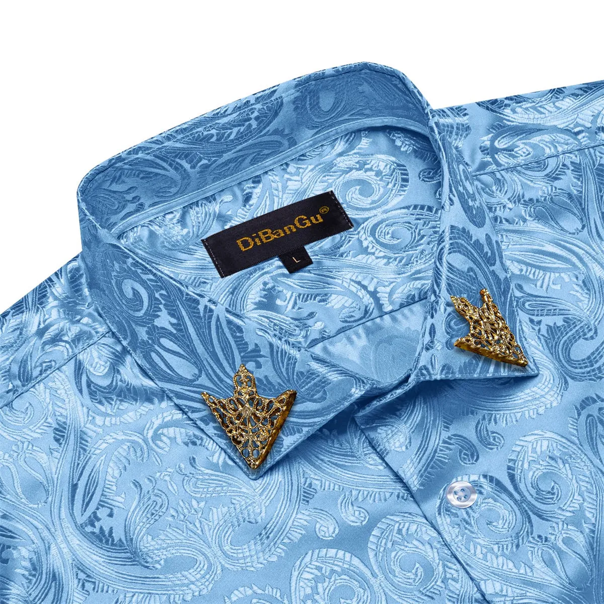 DiBanGu Shirt for Men Celestial Blue Paisley Long Sleeve Silk Button Up Shirt