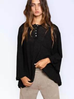 Distressed hem hoodie waffle top